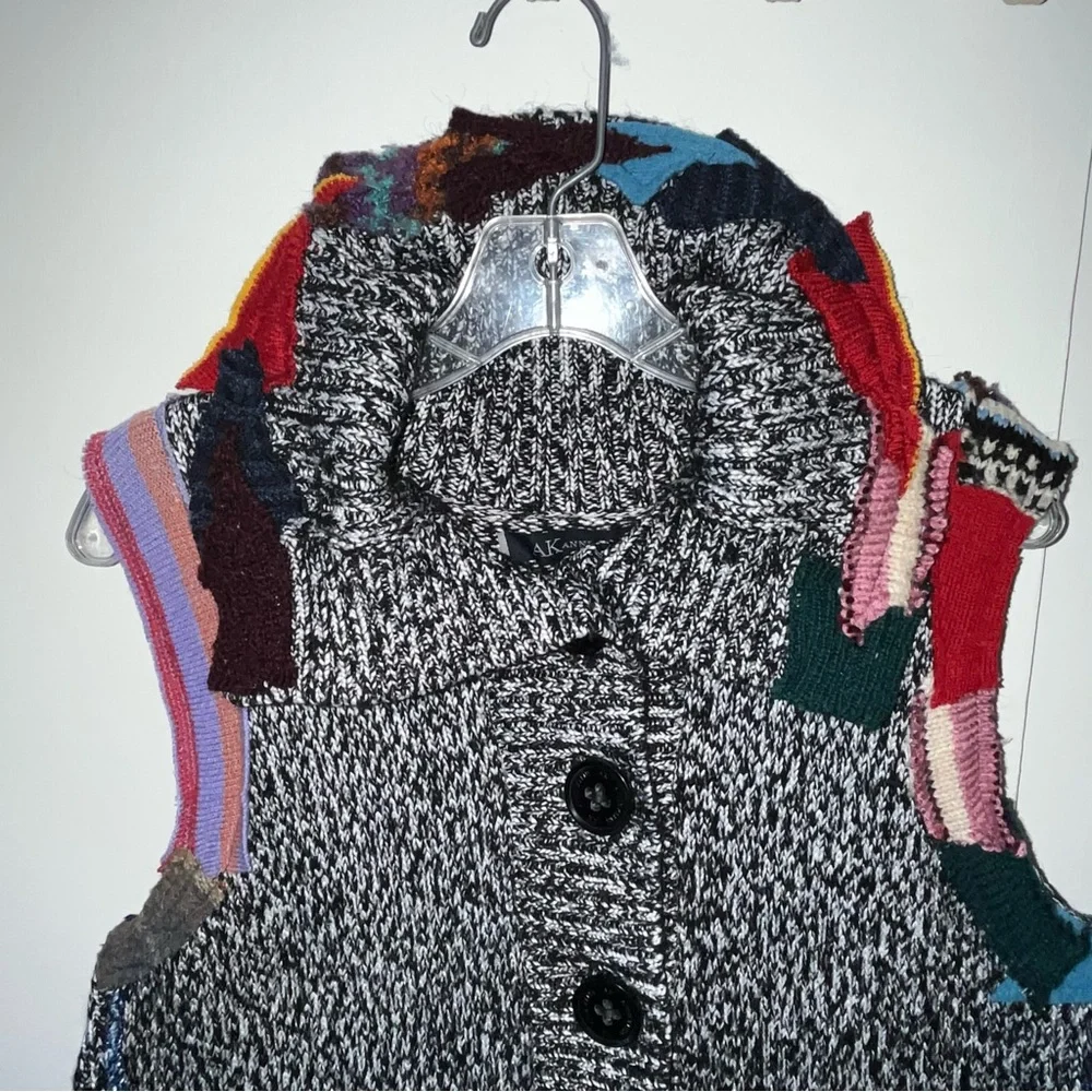 Upcycled Sweater Vest Long Cardi Boho Hippie Tiered Pixie Patchwork Cottage Core - Picture 9 of 14